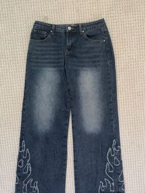 Angel Kiss Dark Blue Wide-Leg Jeans with Flame Hem